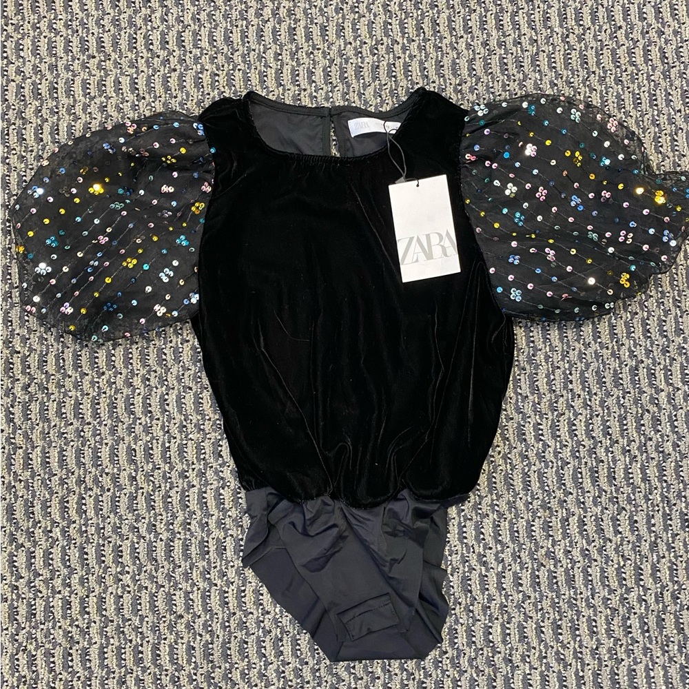 Zara Kids velvet bodysuit with sequin puff sleeves
